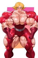 blonde_hair catsuit clover_(totally_spies) feet_out_of_frame hyper hyper_biceps hyper_muscles musctonk red_bodysuit shiny_skin short_hair standing steaming_body sweat torn_bodysuit torn_clothes totally_spies veiny_muscles