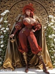 ai_generated big_breasts blue_eyes cleavage epee_(sword) full_body high_heel_boots landsknecht red_hair shtora