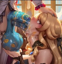2026 2d 2girls absurd_res absurd_resolution absurdres ai_generated bare_shoulders blonde_hair blue_eyes blue_lips blue_nails blush breasts caressing_testicles comic cum deepthroat detached_sleeves drill_hair erection fellatio from_side futa_with_female futanari genshin_impact hi_res high_quality high_resolution highres huge_penis hydraulicmatingpress image indoors irrumatio large_breasts large_penis large_testicles lipstick_mark long_hair multiple_girls nail_polish navia_(genshin_impact) oral patreon patreon_username penis runny_makeup saliva saliva_drip testicle_grab testicles uncensored uncensured watermark wide-eyed window
