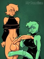 1boy 1futa annoyed annoyed_expression biro_(inkplasm) black_clothing digital_art digital_drawing_(artwork) digital_media digital_media_(artwork) erection femboy femboy_on_futa futanari ghost green_skin half-erect horsecock hyper_penis inka_(inkplasm) jerkingoff masturbation mr_cumtism orange_skin precum welwraith white_eyes