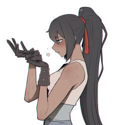 ... 1girls bare_shoulders caught dark-skinned_female dark_skin disgusted disgusted_look gloves im_gyeong-eop_(limbus_company) limbus_company looking_at_viewer misg1111 ponytail project_moon removing_glove scars shaded_face sweat sweaty_hands tank_top