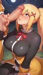 1boy 1girl 2026 ai_generated artist_name blush bodysuit boobs breasts bust chest cock darkness_(konosuba) dick erection full_moon hair_ornament handjob hetero hi_res high_quality highres kono_subarashii_sekai_ni_shukufuku_wo! large_penis moon night patreon patreon_username penis penis_awe penis_on_face pinkname ponytail precum testicles tits uncensored watermark