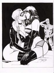 amorim black_cat_(marvel) felicia_hardy female human male marvel mary_jane_watson monochrome spider-man spider-man_(series) straight_hair yuri