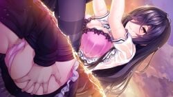 1boy 1girl asami_asami black_hair black_shirt black_skirt blush bra breasts censored cleavage closed_mouth clothes_pull clothing_aside dress_shirt dutch_angle game_asset hair_between_eyes hair_over_one_eye hetero large_breasts long_hair mosaic_censoring okayu_seira open_clothes open_shirt outdoors panties panties_aside pantyhose pantyhose_pull partially_submerged partially_underwater_shot penis pink_bra pink_panties red_eyes role_player:_okayu_shimai_no_nenmaku_potrait_-_gurigucha_live! shirt short_sleeves skirt smile thighband_pantyhose underwear very_long_hair wet wet_clothes wet_shirt white_shirt