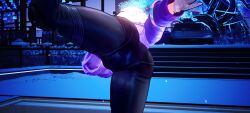 1girl ass ass_focus big_ass black_pants esper_zero_(neverness_to_everness) female_esper_zero_(neverness_to_everness) latex latex_suit neverness_to_everness no_nude racing_suit sexy sexy_pose showing_ass tracksuit white_hair