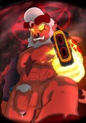 balls bara beard brawl_stars bull_(brawl_stars) demon demon_bull_(brawl_stars) demon_horns demon_tail facial_hair flaccid horns male male_only muscles muscular nose_ring nude penis pompadour red_skin sideburns solo solo_male tagme_(artist)