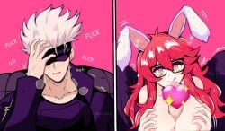 1boy 1girl animal_ears antenna_hair black-framed_eyewear black_jacket blindfold blush breasts censored collarbone emoji english_text erection fake_animal_ears glasses gojo_satoru grabbing_own_breast hair_between_eyes heavy_breathing jacket jujutsu_kaisen large_breasts licking_lips long_hair long_sleeves looking_at_another mizzu_(mizzuiita) mizzuiita oc_x_canon open_mouth original paizuri penis playboy_bunny rabbit_ears rectangular_eyewear red_hair shirt short_hair smile tongue tongue_out white_hair yellow_eyes