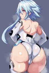 1girls ass ass_focus back blanc blue_hair blush bottom_heavy cameltoe choujigen_game_neptune clothed_female elbow_gloves fat_ass female leotard looking_back neptunia_(series) power_symbol power_symbol-shaped_pupils red_eyes stiris_rangetsu symbol-shaped_pupils white_heart_(neptunia)