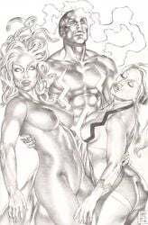 1boy 2006 2girls alternate_hairstyle black_bolt crystal_(inhumans) female fit fit_female fit_male gene_espy gorgon human inhumans male marvel medusa medusa_(inhumans) monochrome straight straight_hair threesome