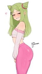 1girls arched_back ass_shake big_ass big_butt blush_lines blushing brikot brown_eyes female_only freckles green_hair heart_symbol leggings long_hair oc original original_character petite petite_body petite_female pink_leggings shaking_ass shaking_butt side_view small_breasts smile smiling tied_hair white_background