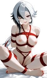 ai_generated arlecchino_(genshin_impact) bondage breasts female genshin_impact hands_behind_back legs_apart pink_nipples tied_up white_hair
