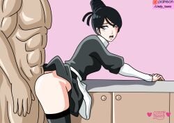 ass black_dress black_hair bleach bleach:_sennen_kessen-hen bleach:_the_thousand-year_blood_war blue_eyes blush blush_lines blushing butt cindy_toons dress from_behind from_behind_position katagiri_kanae kitchen long_hair maid maid_dress maid_outfit maid_uniform milf ponytail quincy_(bleach) quincy_bitch skirt skirt_removed skirt_up stockings thick_thighs thighs