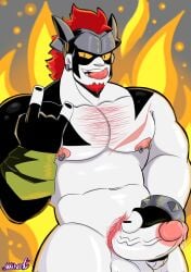 brawl_stars damian_(brawl_stars) facial_hair fire grabbing_penis helmet looking_at_viewer male_focus male_only naked_male nipple_piercing piercing red_hair rock_sign spiked_bracelet tagme tongue veiny_penis yellow_sclera
