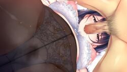 1boy 1girl aizawa_minori asami_asami blush bow bow_bra bow_panties bra bra_pull breasts brown_eyes censored clothes_pull crotch_seam fellatio game_asset gusset hetero kasen_-_yurusumaji!_-_soshiranu_egao_to_yogoreta_shitagi large_breasts long_hair lying male_pubic_hair mole mole_under_eye mosaic_censoring nipples on_back oral panties panties_under_pantyhose pantyhose penis pubic_hair pussy_juice pussy_juice_stain solo_focus stained_panties underwear underwear_only wet wet_clothes wet_panties white_bra white_panties