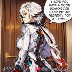 1girl 2026 2d absurd_res absurd_resolution absurdres ai_generated arlecchino_(genshin_impact) artist_name black_eyes black_hair breasts comic door english_text genshin_impact goonie_bear hi_res high_quality high_resolution highres image jewelry large_breasts long_hair long_sleeves low_ponytail multicolored_hair patreon patreon_username ponytail red_pupils solo speech_bubble streaked_hair twitter_username uncensured watermark white_hair white_jacket x-shaped_pupils