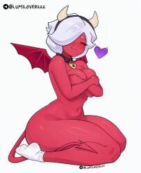 ai_generated breasts closed_eyes colette_(brawl_stars) fang heart lumilover222 simple_background sitting smile thighs trixie_colette_(brawl_stars) white_socks