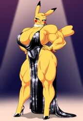 anthro big_breasts breasts crovirus fan_character female game_freak hand_on_hip lipstick muscular muscular_female nintendo pikachu pokemon pokemon_(species) thick_thighs video_games wide_hips