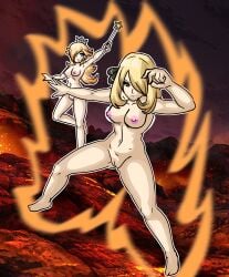 2girls alternate_version_available aura barefoot belly belly_button breasts chetoh commission commissioner_upload completely_naked completely_naked_female completely_nude completely_nude_female crossover crossover_pairing crown cynthia_(pokemon) dark_background dokkan_battle earrings female female_focus female_only fighting_pose full_body game_freak hair hair_ornament hair_over_one_eye holding_wand looking_at_viewer mario_(series) naked naked_female nintendo nipples nude nude_female photo_background pink_nipples pokemon pokemon_dppt posing princess_rosalina pussy raised_arm silver_crown super_mario_galaxy wand