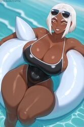 ai_generated big_breasts curvy curvy_female dark-skinned_female dark_skin huge_breasts ocean stuffyai swimsuit thick_thighs voluptuous_female white_hair
