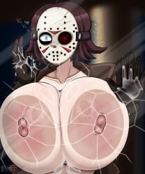 areolae bishoujo_jason_voorhees breast_on_glass breast_squeeze breasts_bigger_than_head friday_the_13th hockey_mask horny_female huge_breasts hyper_breasts jason_voorhees juniorr_xxx mask masked_female nipples pressed_against tagme