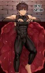 1boy abs adventurer biceps bodysuit brick_wall brown_hair collarbone cross_section duo eight_pack fingerless_gloves flaccid fully_clothed gay genital_outline gloves green_eyes hi_res kankaku_shadan male male_only mature_male muscles muscular muscular_arms muscular_legs muscular_male muscular_thighs nayoshi_(r-744) original original_character pecs quadriceps short_hair six_pack standing stuck tentacle tight_clothing trapped unawareacles yaoi
