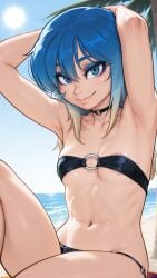 1girls 2d 2d_(artwork) ai_assisted ai_generated arms_up bikini bikini_top blue_eyes blue_hair breasts digital_drawing_(artwork) digital_media_(artwork) eve_(summertime_saga) female female_focus female_only hi_res high_quality high_resolution highres light-skinned_female light_skin looking_at_viewer palm_tree small_breasts smile smiling summertime_saga sunrise teenage_girl teenager thick_thighs two-tone_hair wienergens