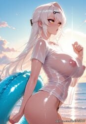 1girl 2026 ai_generated anime bangs beach bikini bikini_bottom_only black_bikini blush boobs breasts cleavage cloud covered_nipples cowboy_shot crossover day exposed_nipples female female_focus flushed from_side hair_accessory hair_ornament hairclip highleg highres holding hoyoverse huge_breasts innertube large_breasts long_hair mihoyo moaning nipples nsfw ocean open_mouth outdoors patreon rognezart see-through shirt short_sleeves sky solo sunset swimsuit very_long_hair water wet wet_clothes wet_shirt white_hair white_shirt yellow_eyes yixuan_(zenless_zone_zero) zenless_zone_zero