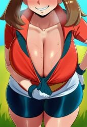 1girls ai_generated big_breasts blush breasts_focus cleavage cleavage_focus cleavage_pull female female_only game_freak hand_on_hip head_out_of_frame huge_breasts leaning_forward light-skinned_female may_(pokemon) nintendo pokemon seductive_smile smile solo_female standing sweaty_body tagme thick_thighs wide_hips
