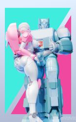 1boy 1girls 2026 3d 3d_(artwork) 3d_render arcee areola areolae blue_eyes breasts breasts_out handjob kup_(transformers) mengsk nipples older_male pink_body teal_body transformers white_highlights younger_female