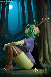 1girl adventure_time ai_generated bangs boots breasts brown_footwear closed_mouth eyebrows_visible_through_hair forest from_side full_moon green_eyes green_hair hi_res high_quality high_resolution huntress_wizard looking_at_viewer moon nature night outdoors patreon profile seductive sexy short_sleeves sitting solo spicytoonai thighhighs tree uncensored watermark