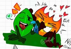 battle_for_dream_island bfdi blue_penis firey_(bfdi) heart hearts_around_head laughing leafy_(bfdi) licking_penis object_shows penis precum precum_string tickling