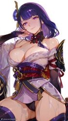 1girl ai_generated armor artist_name bangs bare_shoulders black_panties blush braid braided_ponytail breasts bridal_gauntlets cameltoe cleavage closed_mouth flower genshin_impact hair_ornament japanese_clothes kimono large_breasts long_hair long_sleeves looking_at_viewer mihoyo mole mole_under_eye obi off_shoulder panties patreon purple_eyes purple_hair purple_kimono purple_thighhighs questionable raiden_shogun sash sensitive shoulder_armor simple_background smile solo thighhighs thighs underwear wet white_background wide_sleeves