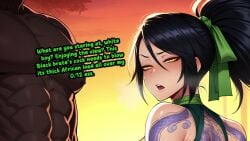 1boy 1girls ai_generated ai_voice_acted akali akali_jhomen_tethi annoyed blacked_tattoo dark-skinned_male female interracial large_ass large_penis league_of_legends light-skinned_female looking_at_viewer open_mouth penis_on_ass queen_of_spades queensphynx riot_games saggy_balls sound spade_tattoo standing tagme talking_to_viewer thick_thighs video yellow_eyes