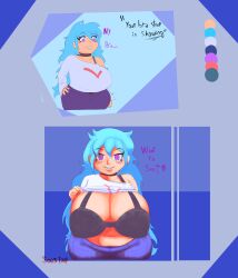 asking_another biting_lip bra_strap chubby_belly chubby_female cyan_hair friday_night_funkin friday_night_funkin_mod heart-shaped_pupils huge_breasts lifting_shirt showing_breasts skyblue skyblue_(friday_night_funkin) smiling_at_viewer staring_at_viewer wide_hips