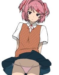 1girl 1girls 2d 2d_(artwork) 2d_artwork artist_request blue_skirt bob_cut ddlc doki_doki_literature_club exposed_panties female female_only hair hair_between_eyes hair_ornament hair_vents jpg looking_at_viewer medium_res natsuki_(doki_doki_literature_club) panties petite petite_body petite_female pink_eyes pink_panties purple_hair questionable school_skirt school_uniform schoolgirl schoolgirl_uniform serenity_forge short_hair simple_background simple_eyes simple_shading skirt skirt_lift skirt_up small_breasts standing team_salvato teen_girl teenage teenage_female teenage_girl teenager thighs twitter_link x_hair_ornament x_link