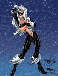 2006 black_cat_(marvel) breasts felicia_hardy female female_only human marvel mask navel nipples posing solo spider-man_(series) straight_hair tim_vigil tom_smith_(comic_artist) white_hair