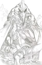 1boy 1girls beak dark-skinned_female dark_skin female fit fit_female gene_espy greyscale human interspecies male marvel marvel_comics medium_breasts monochrome muscular muscular_male ororo_munroe reptile reptile_humanoid sauron_(marvel) savage_land storm_(x-men) straight straight_hair x-men