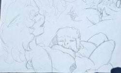 1boy1girl curly_hair demon_girl graphite_(artwork) horns looking_pleasured malice_(kailewds) nude_female orc pencil_(artwork) sketch sucking_nipples traditional_media_(artwork)