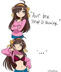 1girls bra bra_strap_is_showing_(meme) breasts female pout suzumiya_haruhi_no_yuuutsu t-works tagme the_melancholy_of_haruhi_suzumiya