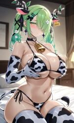 ai_generated breast_squeeze bright_eyes choker cow_bikini cow_ears cow_horns cow_tail cowkini cowprint cowprint_armwear green_eyes green_hair heart_choker large_breasts pastel_goth shy slombert