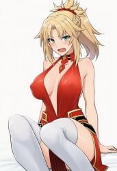 ai_generated blonde_female blonde_hair dress green_eyes licking_lips looking_at_viewer mordred_(fate) mordred_(fate)_(all) mordred_(fate/apocrypha) ponytail red_dress small_breasts smiling_at_viewer spread_legs spread_pussy spreading stockings stockings_only thighs thighs_high tongue uncensored uncensored_breasts uncensored_nipples uncensored_pussy uncensored_vagina