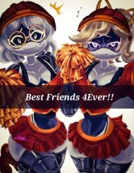 2girls blonde_hair breasts cheerleader cheerleader_outfit cheerleader_uniform female female_focus female_only lanovata001 lizzy_(murder_drones) murder_drones panties peace_sign pom_poms robots smile smiling thick_thighs thighs v_(murder_drones) white_background