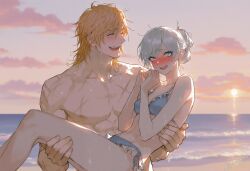 1boy 1girl ai_generated bikini blonde_hair carrying_partner jaune_arc kizirugai muscular_male princess_carry scar_across_face side-tie_bikini_bottom straight tagme weiss_schnee