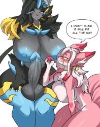anthro aurora_(nbanoob) big_breasts big_penis blue_nipples blush breast_press breasts cleavage earrings flower_in_hair furry futanari glasses heart-shaped_pupils hoop_earrings huge_breasts huge_cock intersex meeowdeer mega_zeraora nipples open_mouth penis penises_touching pillow pink_fur pink_nipples pokemon pokemon_(species) precum precum_drip presenting smile smiling_at_viewer tagme two-tone_hair white_hair yellow_fur zeraora