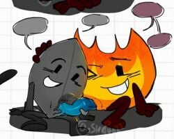 battle_for_dream_island bfdi blue_penis cute firey_(bfdi) frottage frotting leafy_(bfdi) metal_leafy object_shows patting smiling speech_bubble