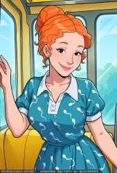 1girl ai-created ai_generated alternative_hairstyle aqua_dress artist_name black_eyes blue_dress breasts clavicle clothing collared_dress curly_hair dress earrings female hair_bun hand_up high_resolution jewelry looking_at_viewer mature mature_female ms._frizzle orange_hair short_sleeves single_hair_bun sky smile solo the_magic_school_bus tied_hair train train_interior tree vehicle_interior web_address window wodstudio