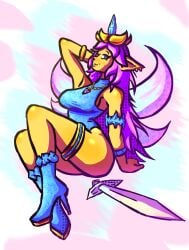 big_breasts empress_of_light gold_bracelet gold_earrings gold_jewelry heels leotard necklace sideboob tagme terraria thigh_bracelets wings