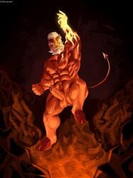 alteregobiba balls bara beard boner brawl_stars bull_(brawl_stars) demon demon_bull_(brawl_stars) demon_horns demon_tail erection facial_hair horns male male_only muscles muscular nose_ring nude penis pompadour red_skin sideburns solo solo_male