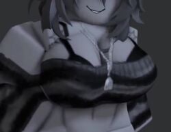 belly_button big_breasts bra clothed grey_hair grey_skin hand_on_breast hand_on_own_breast huge_breasts large_breasts roblox roblox_game robloxian rusmynth shaking_breasts smirk tagme video