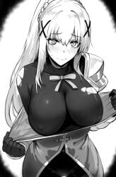 1girls 2d 2d_(artwork) big_ass big_breasts blushing curvy darkness darkness_(konosuba) hair_ornament inviting knight kono_subarashii_sekai_ni_shukufuku_wo! masochist masoq095 monochrome nipples_visible_through_clothing solo solo_female solo_focus tagme